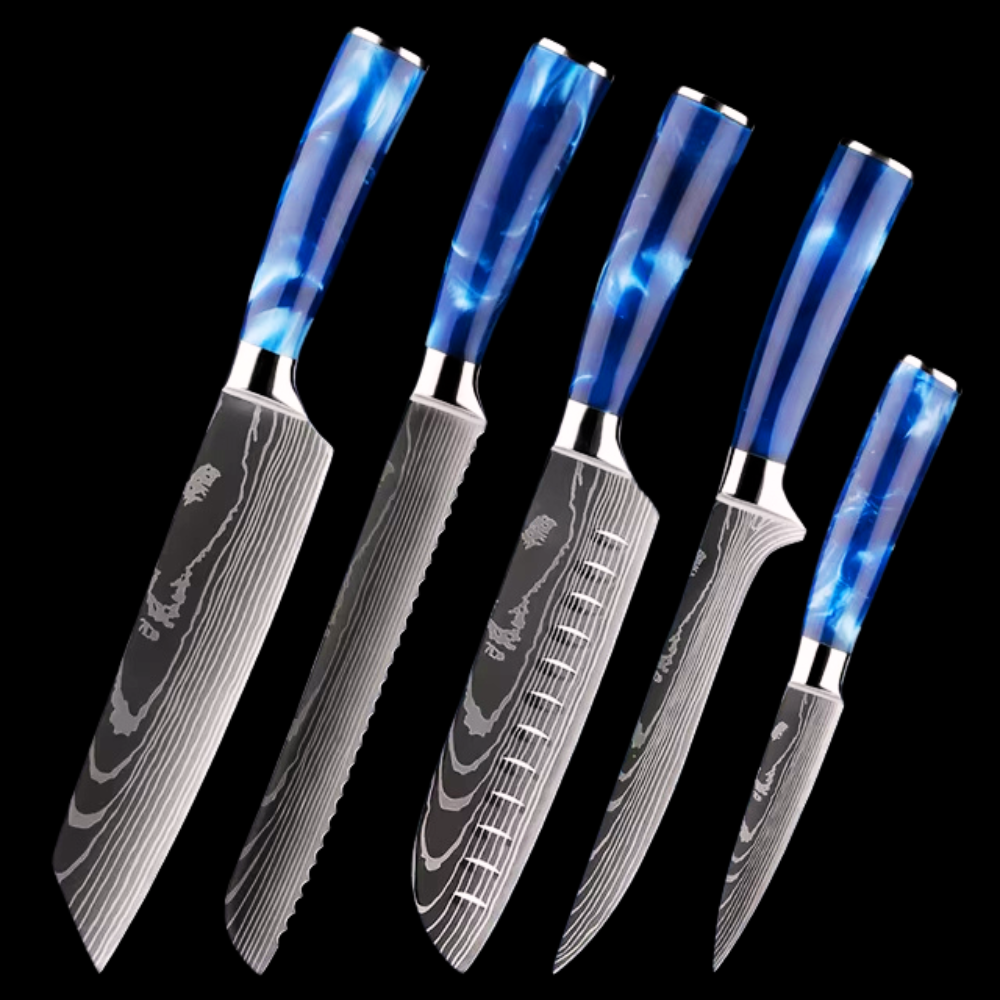 Japanese Kitchen Knife Set with Blue Resin Handle