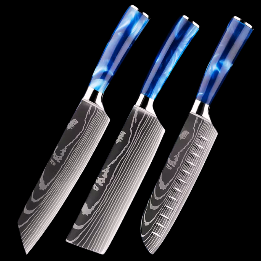 Japanese Kitchen Knife Set with Blue Resin Handle