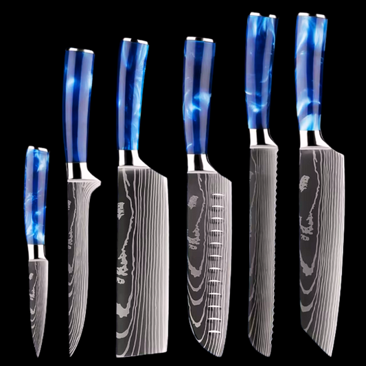 Japanese Kitchen Knife Set with Blue Resin Handle