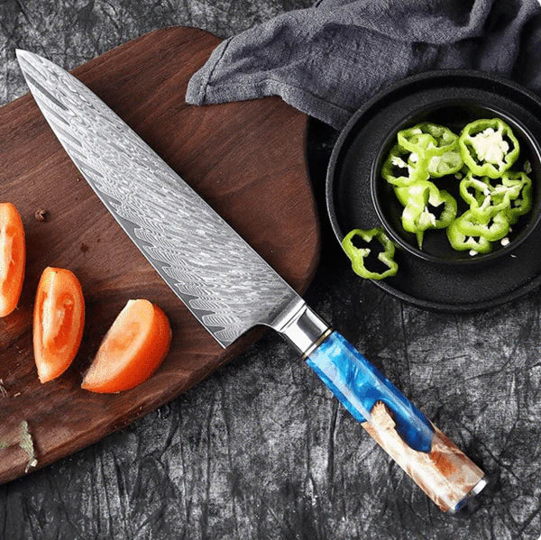 Gyuto Damascus Japanese Chef Knife - Blue Resin Wood Handle