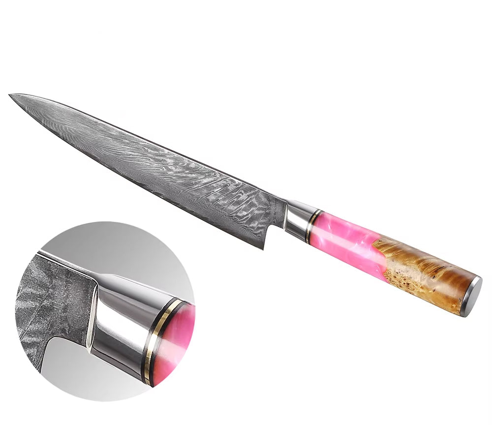 Damascus Japanese Chef Knife - Pink Resin Wood Handle