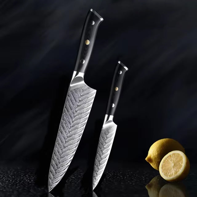Japanese Damascus Steel Knife Set With Black Handle
