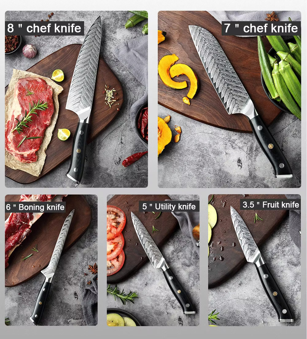 Japanese Damascus Steel Knife Set With Black Handle