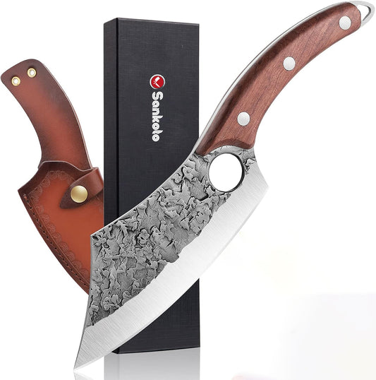 Chef Knife Forged Cleaver knife with Wood Handle Finger Ring