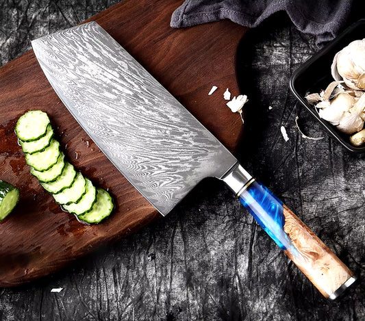Damascus Steel Cleaver Knife with Blue Resin Handle