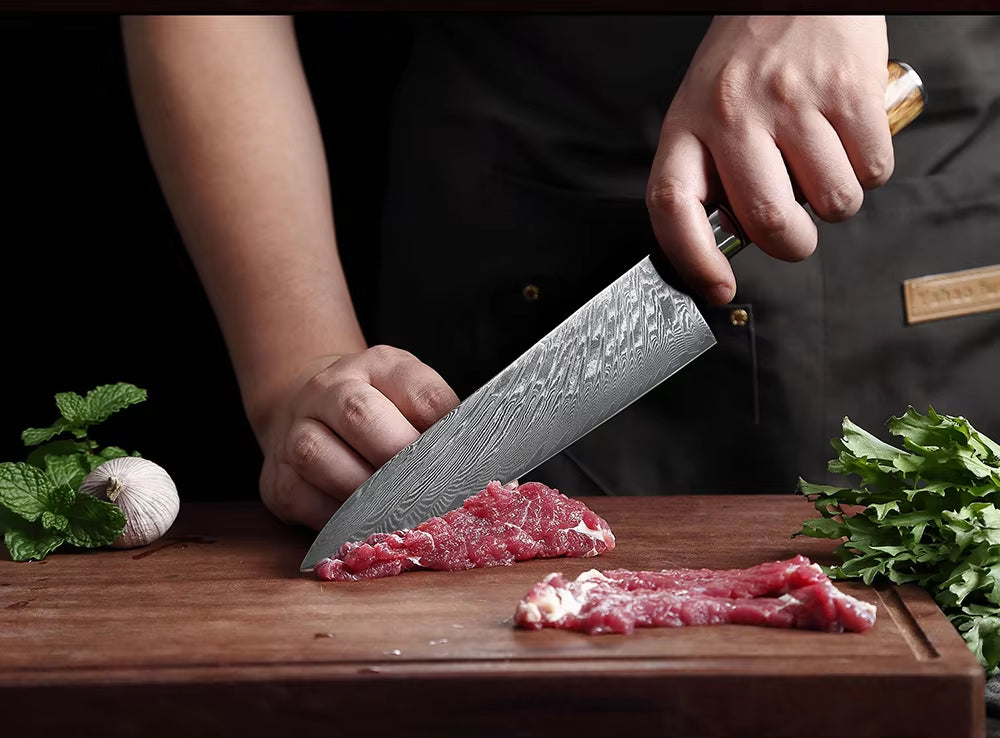 Damascus Japanese Chef Knife - Pink Resin Wood Handle
