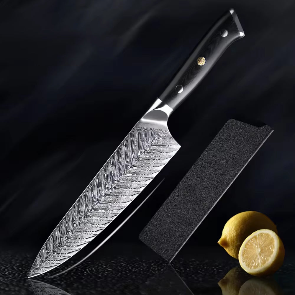Japanese Damascus Steel Knife Set With Black Handle