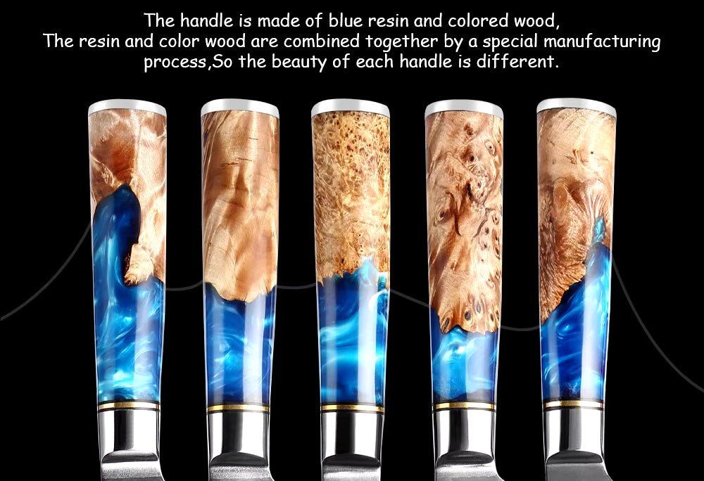 Japanese Damascus Steel Knife Set with Blue Resin Handle