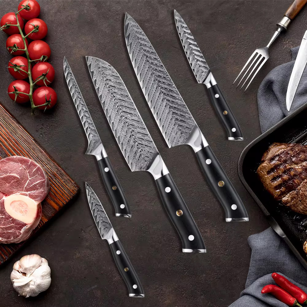 Japanese Damascus Steel Knife Set With Black Handle