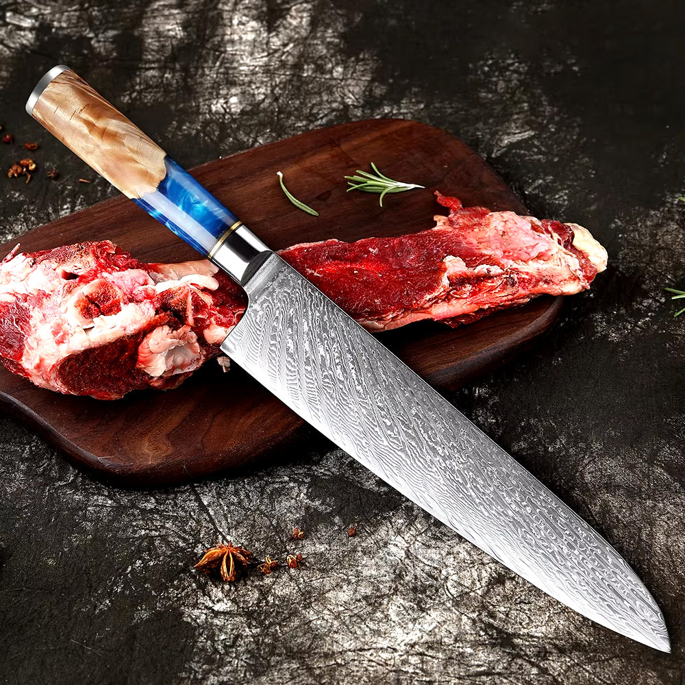 Gyuto Damascus Japanese Chef Knife - Blue Resin Wood Handle