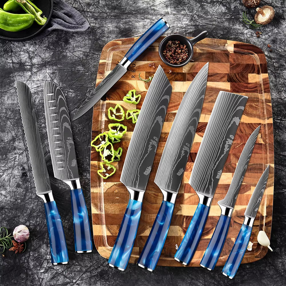 Japanese Kitchen Knife Set with Blue Resin Handle