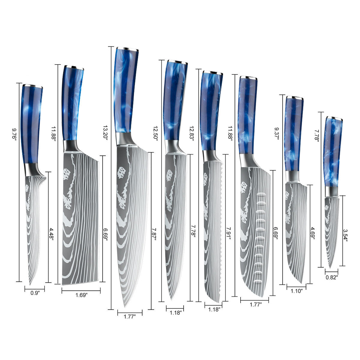 Japanese Kitchen Knife Set with Blue Resin Handle