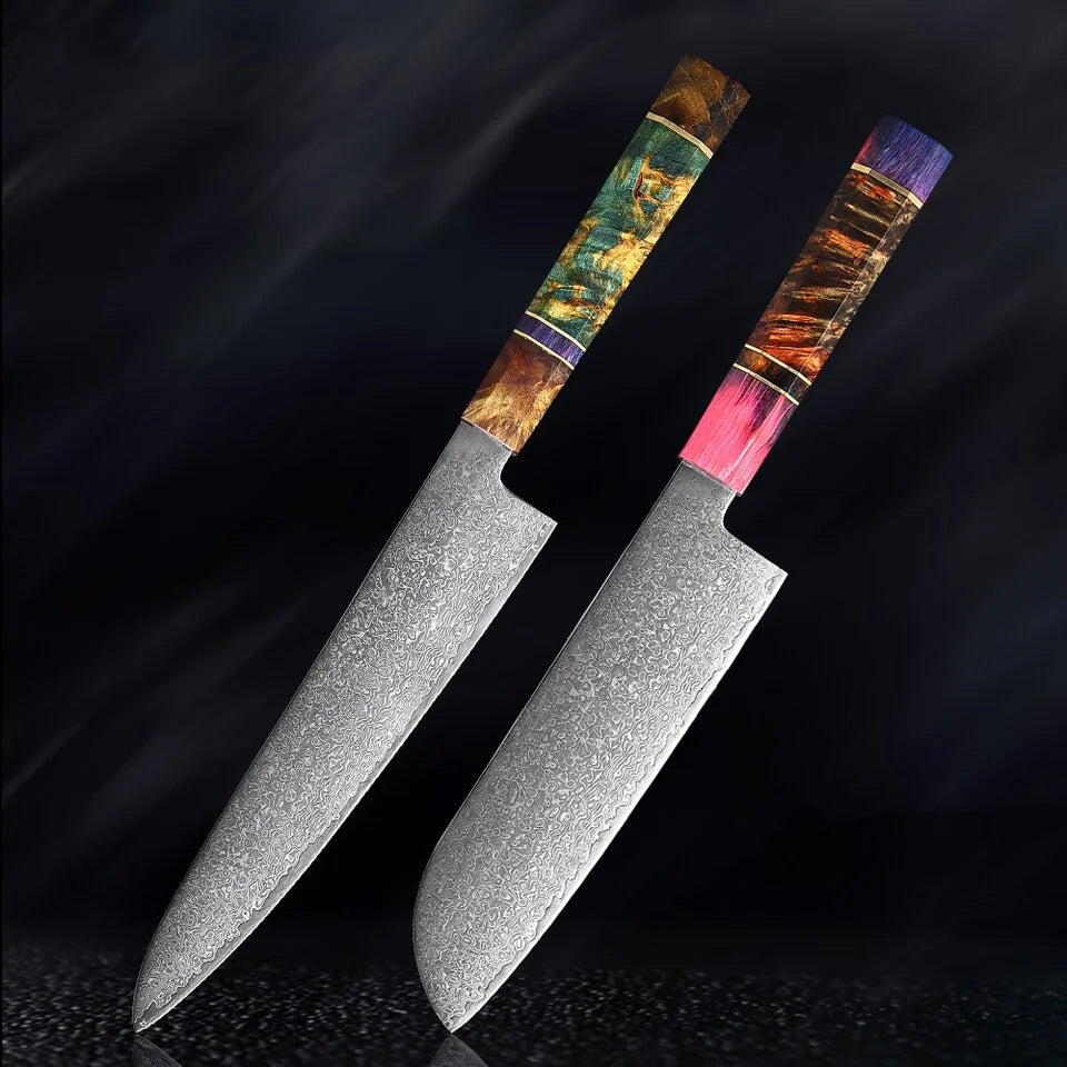 Japanese Damascus Steel Kitchen Knife Set with colored Handle