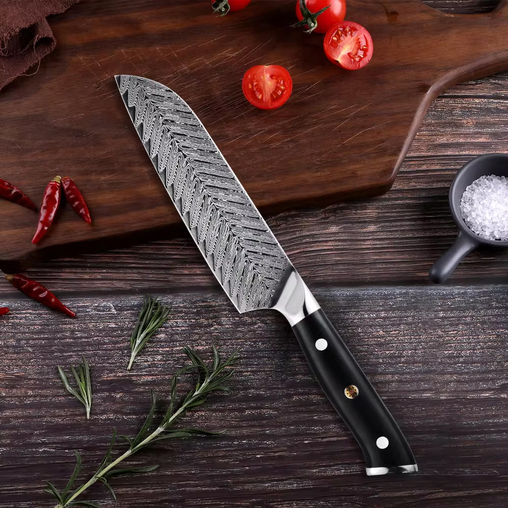 Japanese Damascus Steel Knife Set With Black Handle