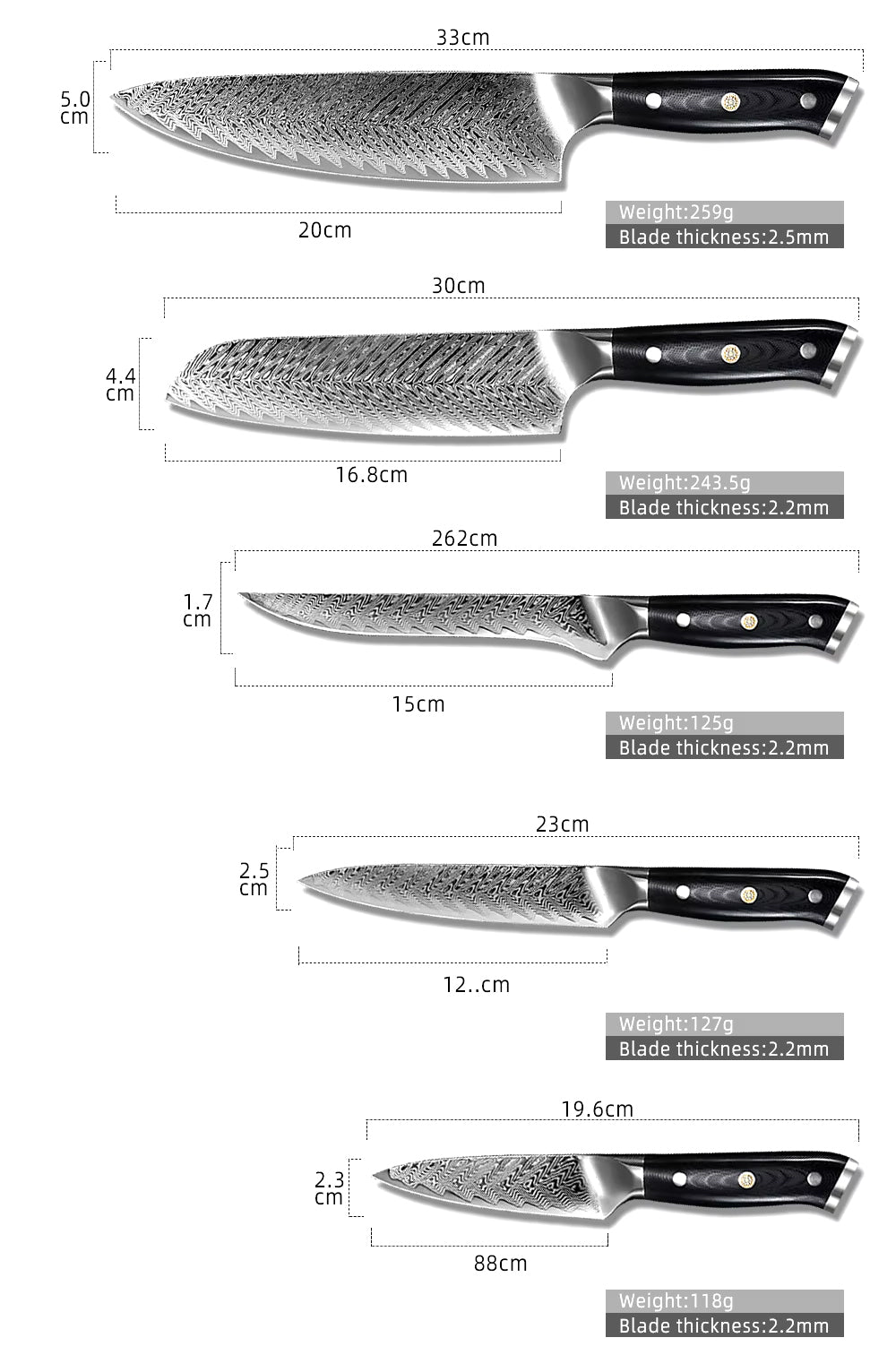 Japanese Damascus Steel Knife Set With Black Handle