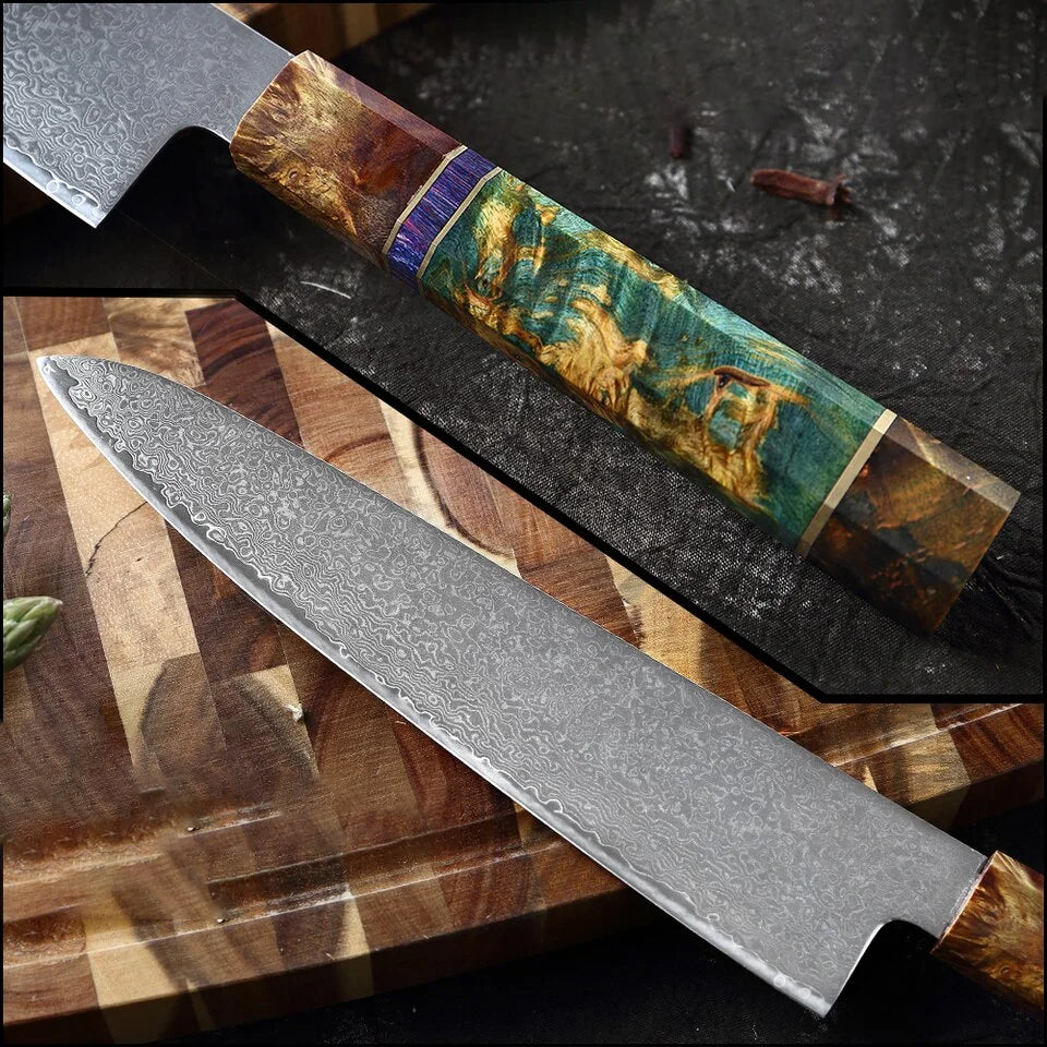 Japanese Damascus Steel Kitchen Knife Set with colored Handle