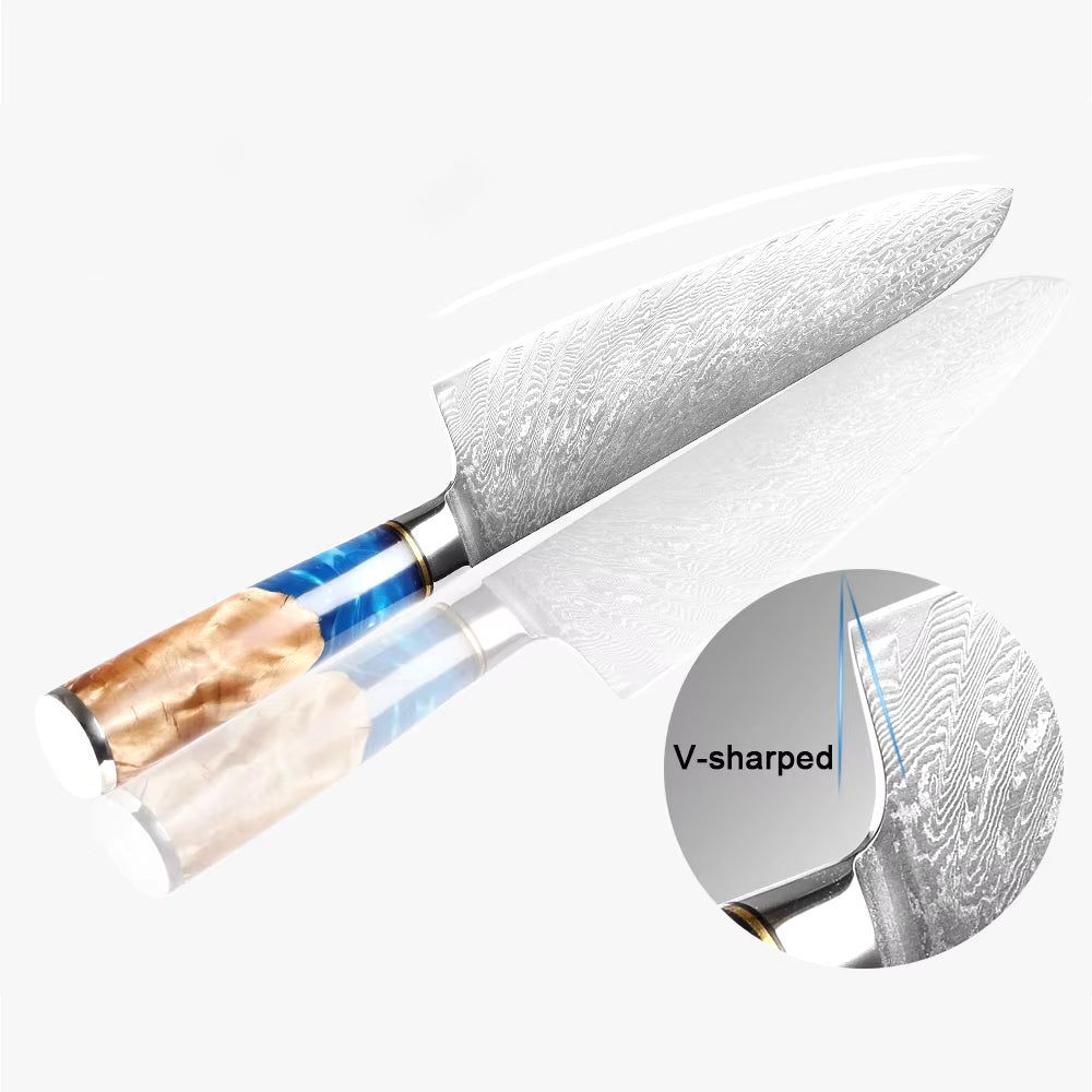 Gyuto Damascus Japanese Chef Knife - Blue Resin Wood Handle