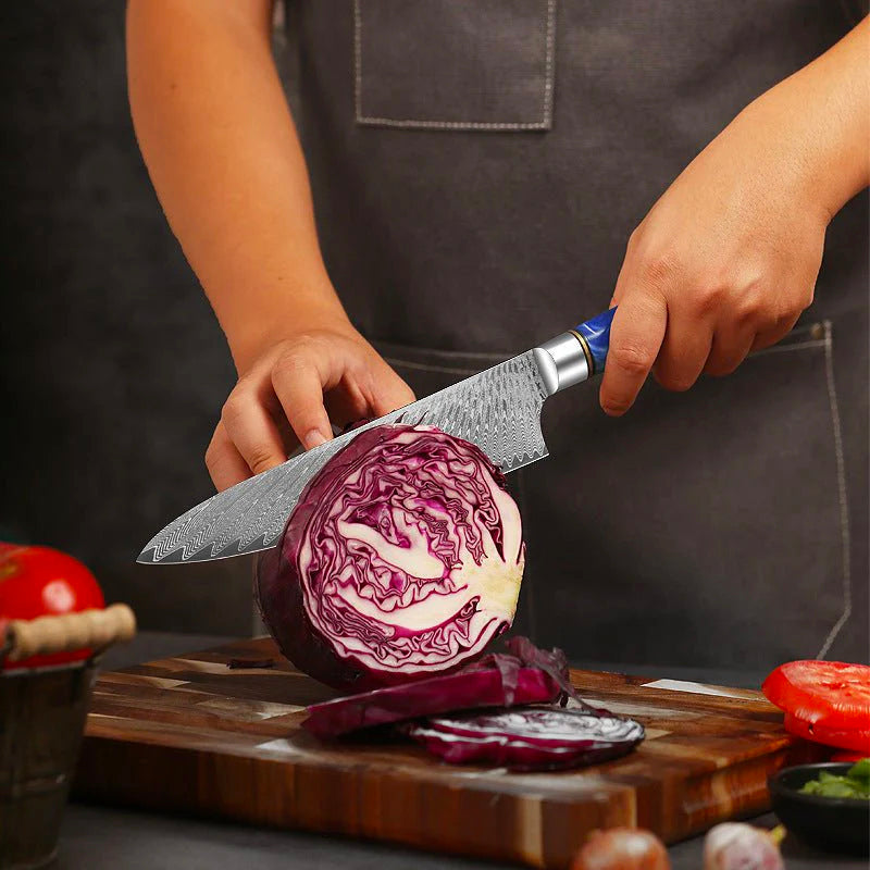 Gyuto Damascus Japanese Chef Knife - Blue Resin Wood Handle