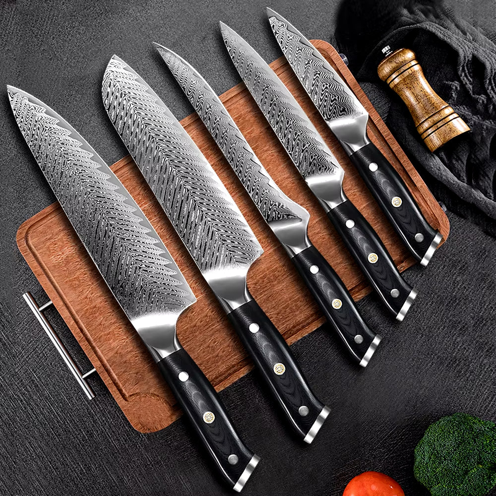 Japanese Damascus Steel Knife Set With Black Handle