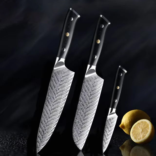Japanese Damascus Steel Knife Set With Black Handle