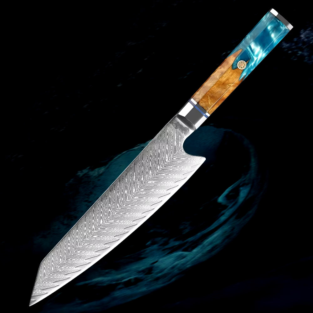 Damascus Steel Kiritsuke Chef's Knife with Blue Resin Handle