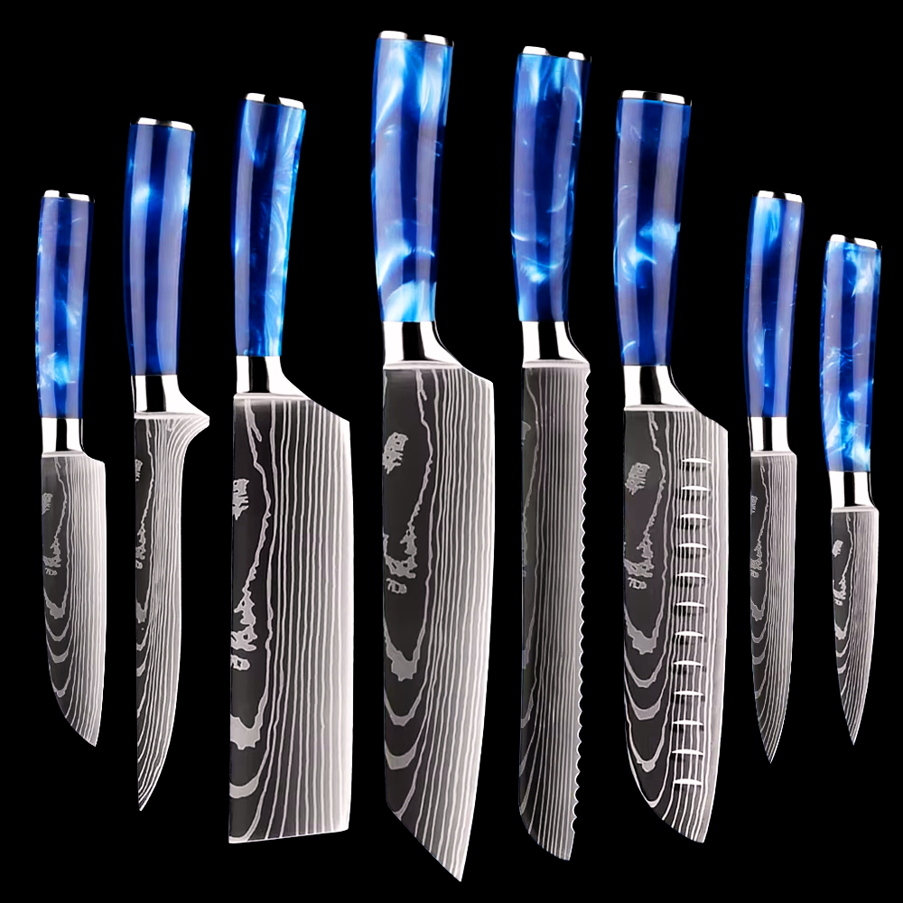 Japanese Kitchen Knife Set with Blue Resin Handle
