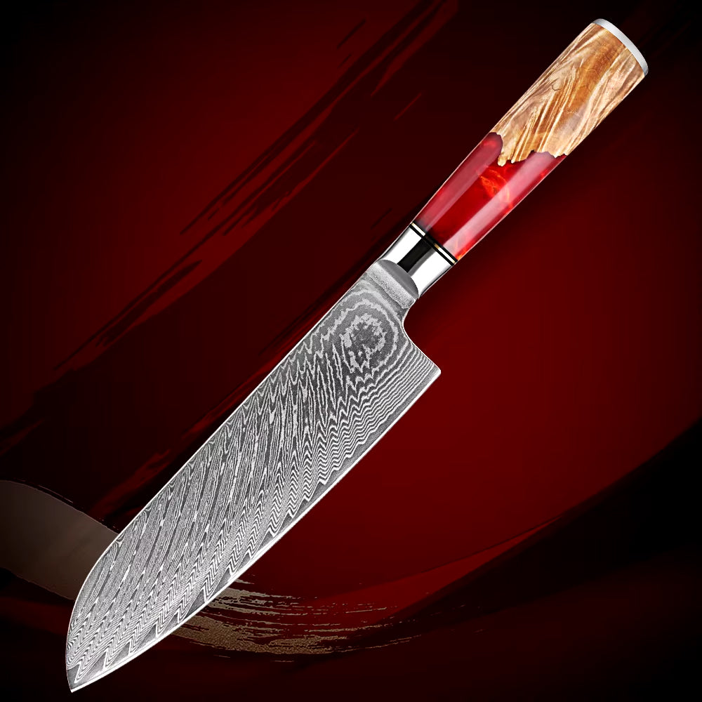 Damascus Steel Santoku Knife with Red Resin handle