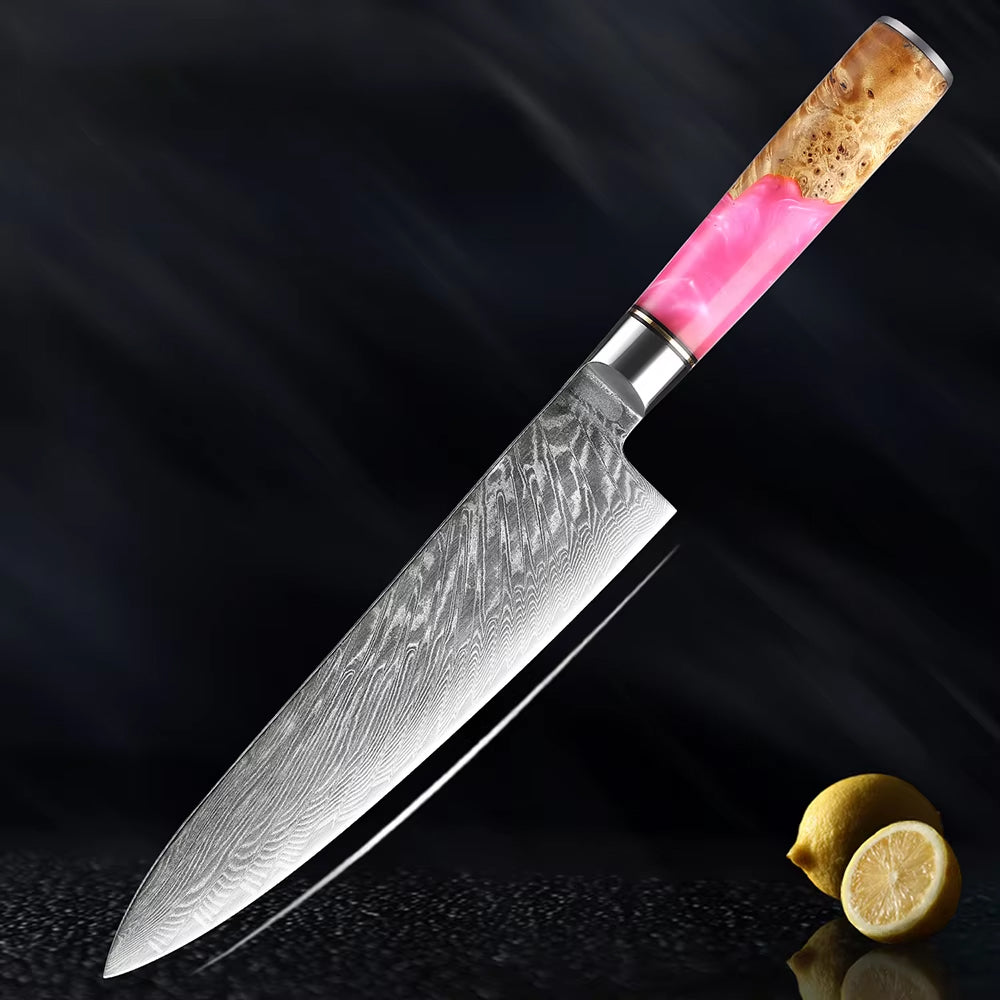 Damascus Japanese Chef Knife - Pink Resin Wood Handle