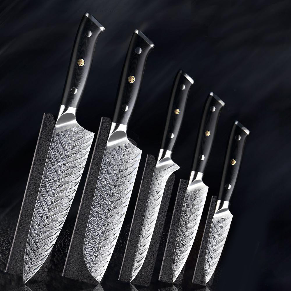 Japanese Damascus Steel Knife Set With Black Handle