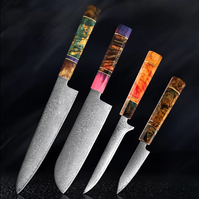 Japanese Damascus Steel Kitchen Knife Set with colored Handle