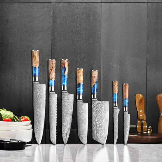 Japanese Damascus Steel Knife Set with Blue Resin Handle