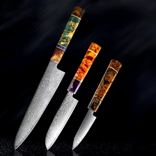 Japanese Damascus Steel Kitchen Knife Set with colored Handle