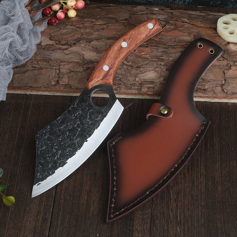 Chef Knife Forged Cleaver knife with Wood Handle Finger Ring