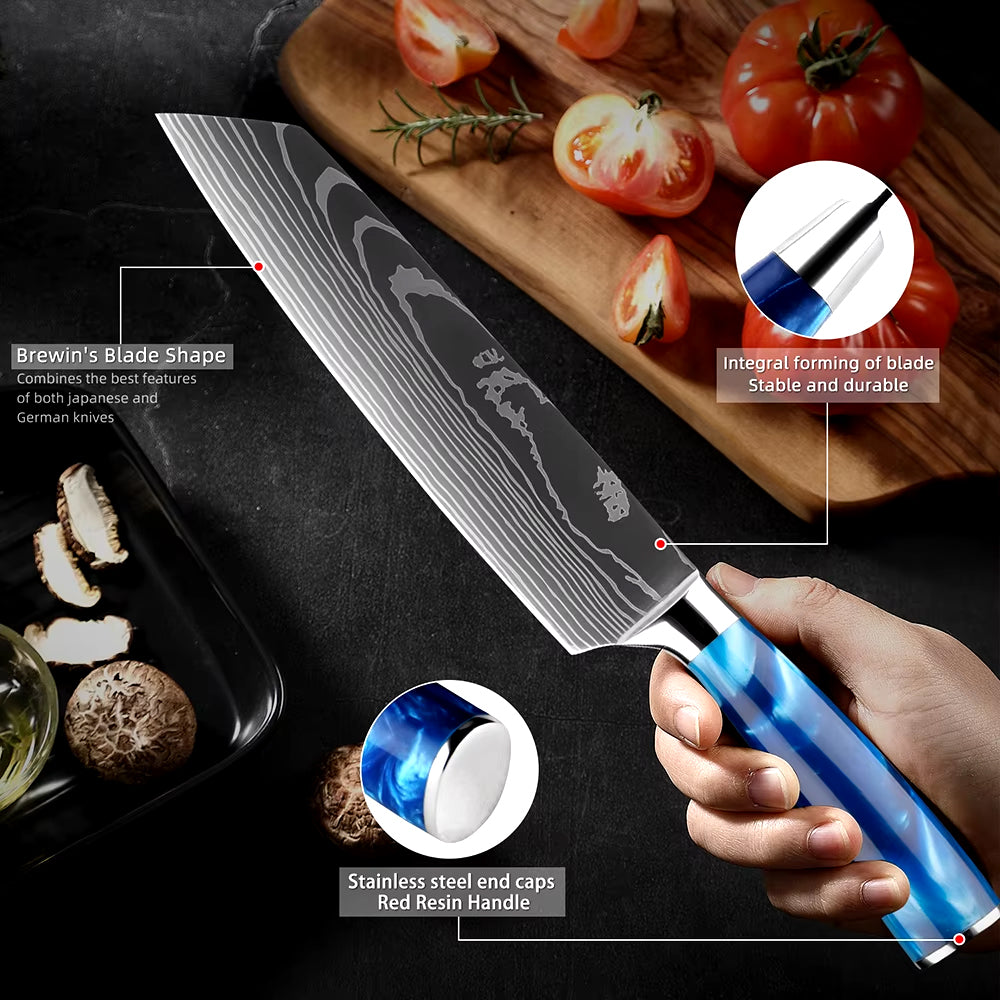 Japanese Kitchen Knife Set with Blue Resin Handle