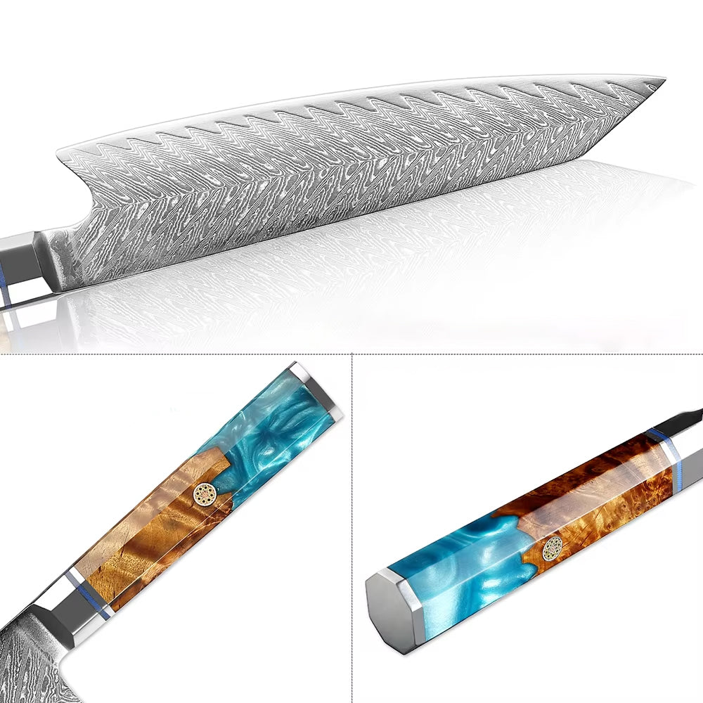 Damascus Steel Kiritsuke Chef's Knife with Blue Resin Handle