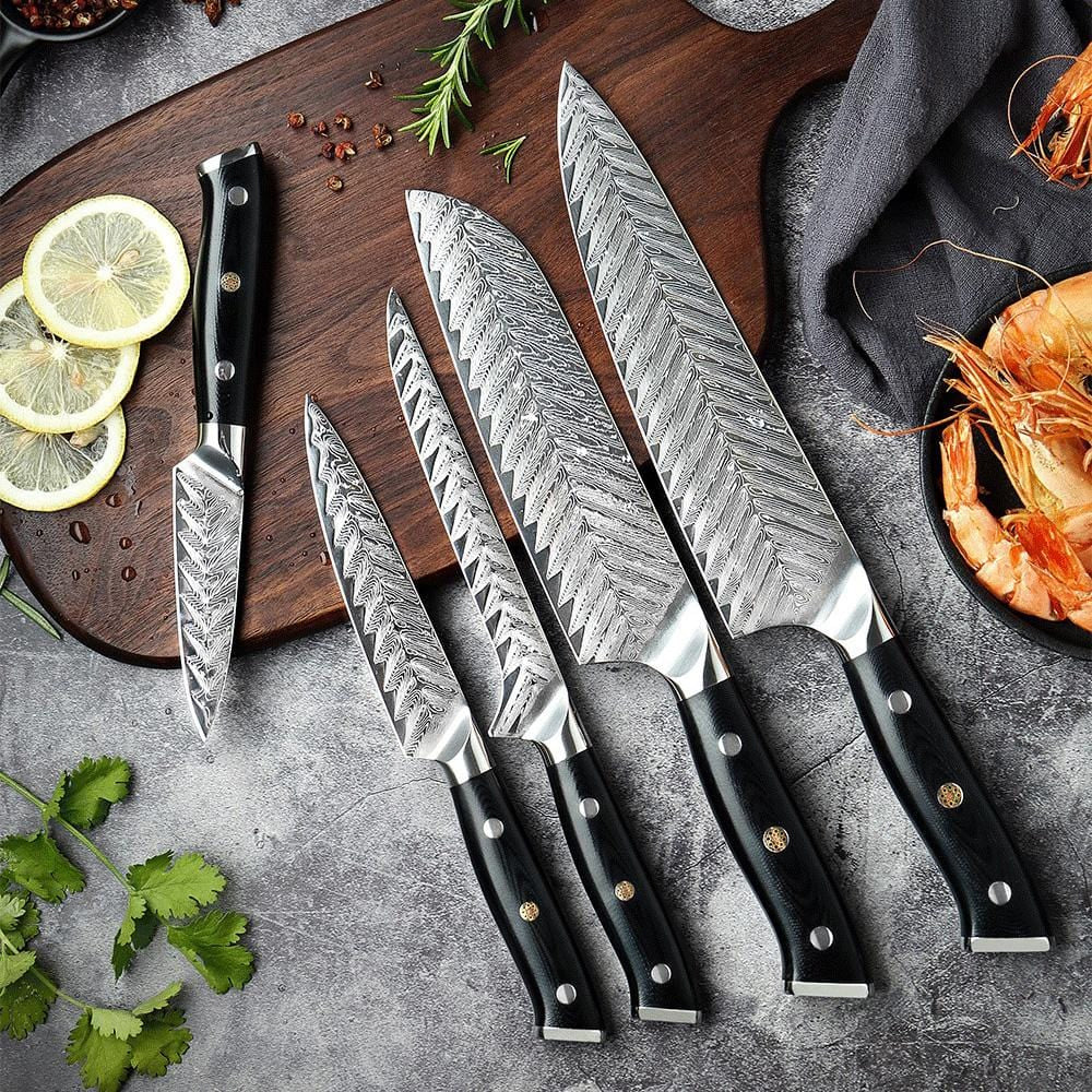 Japanese Damascus Steel Knife Set With Black Handle