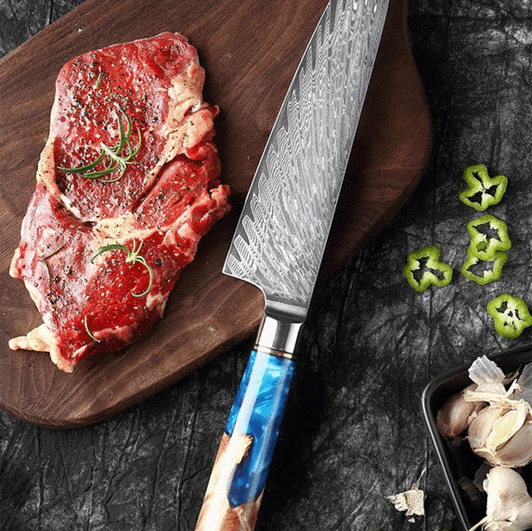 Gyuto Damascus Japanese Chef Knife - Blue Resin Wood Handle