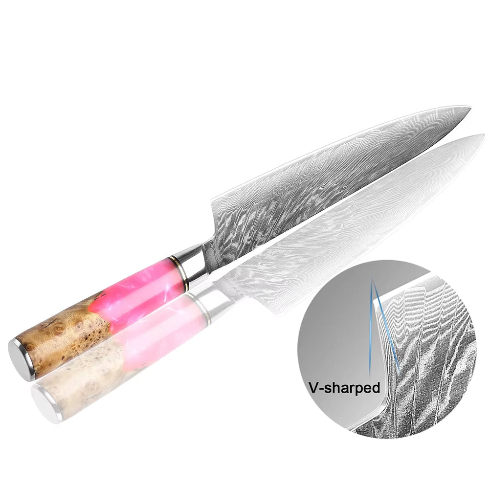 Damascus Japanese Chef Knife - Pink Resin Wood Handle
