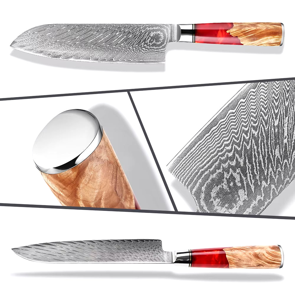 Damascus Steel Santoku Knife with Red Resin handle