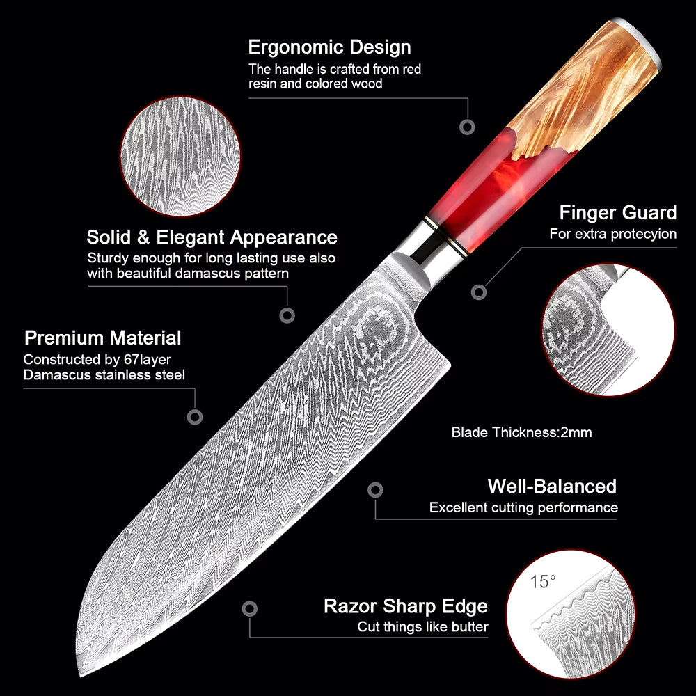 Damascus Steel Santoku Knife with Red Resin handle