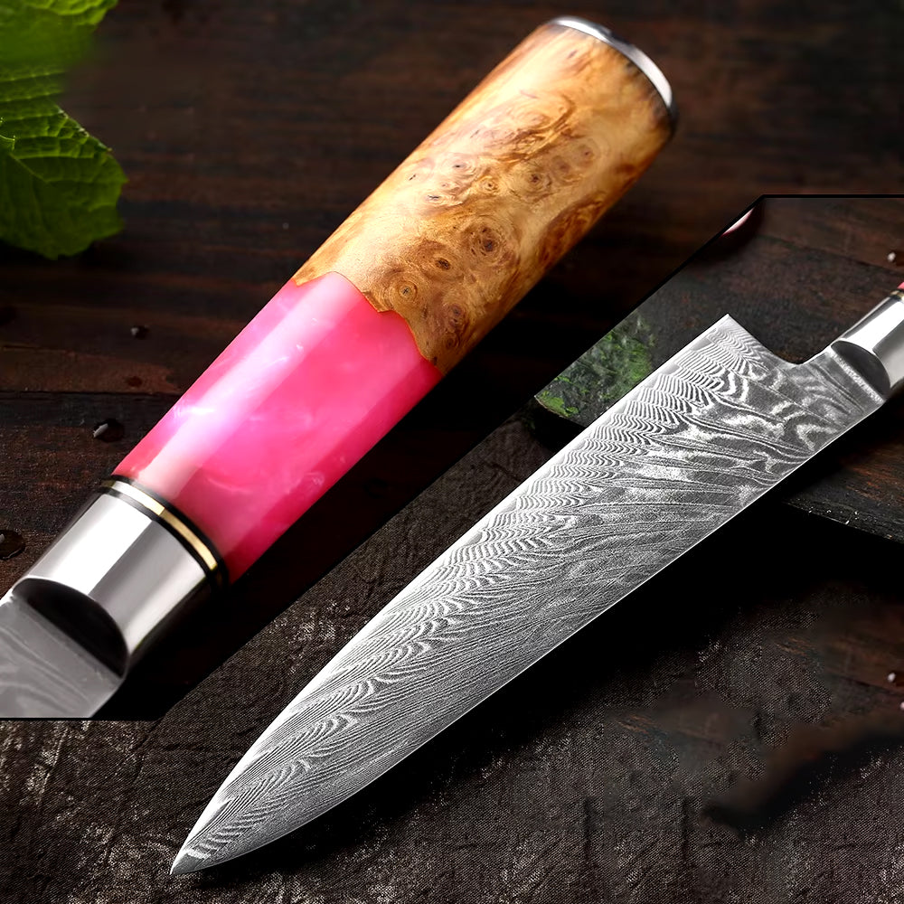 Damascus Japanese Chef Knife - Pink Resin Wood Handle