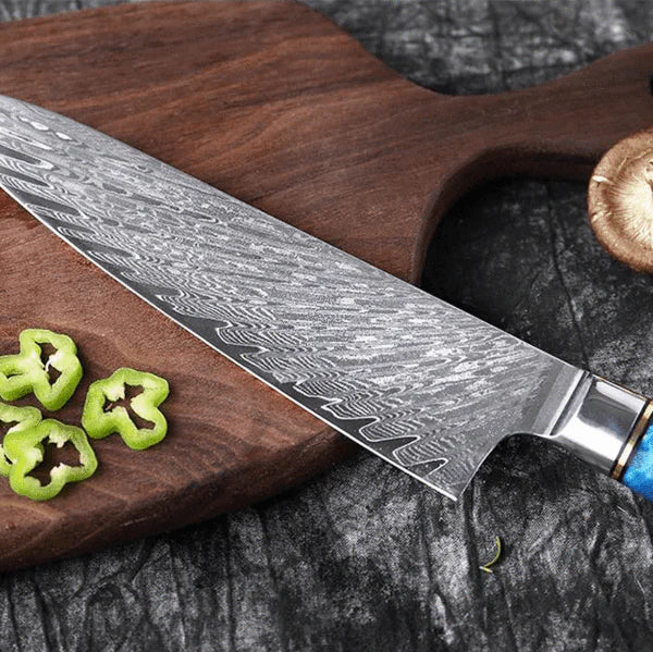 Gyuto Damascus Japanese Chef Knife - Blue Resin Wood Handle
