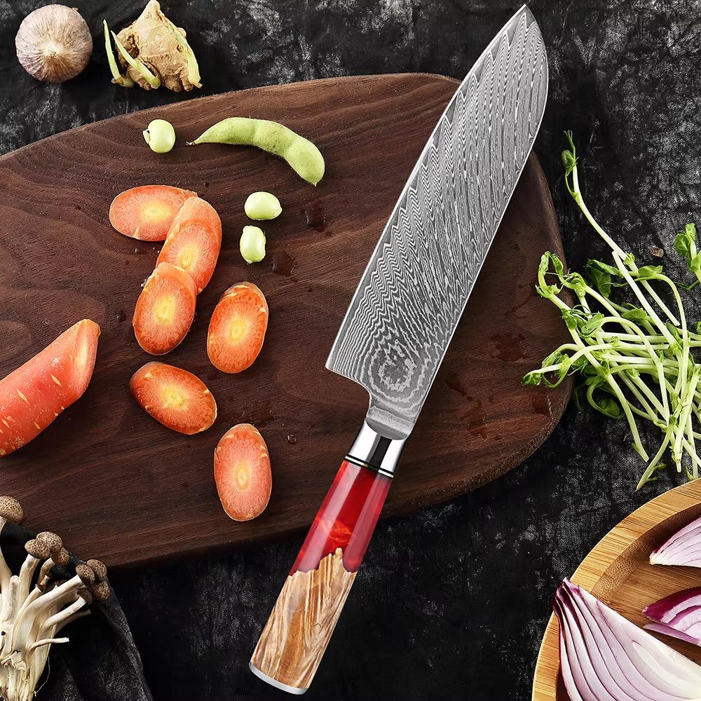 Damascus Steel Santoku Knife with Red Resin handle