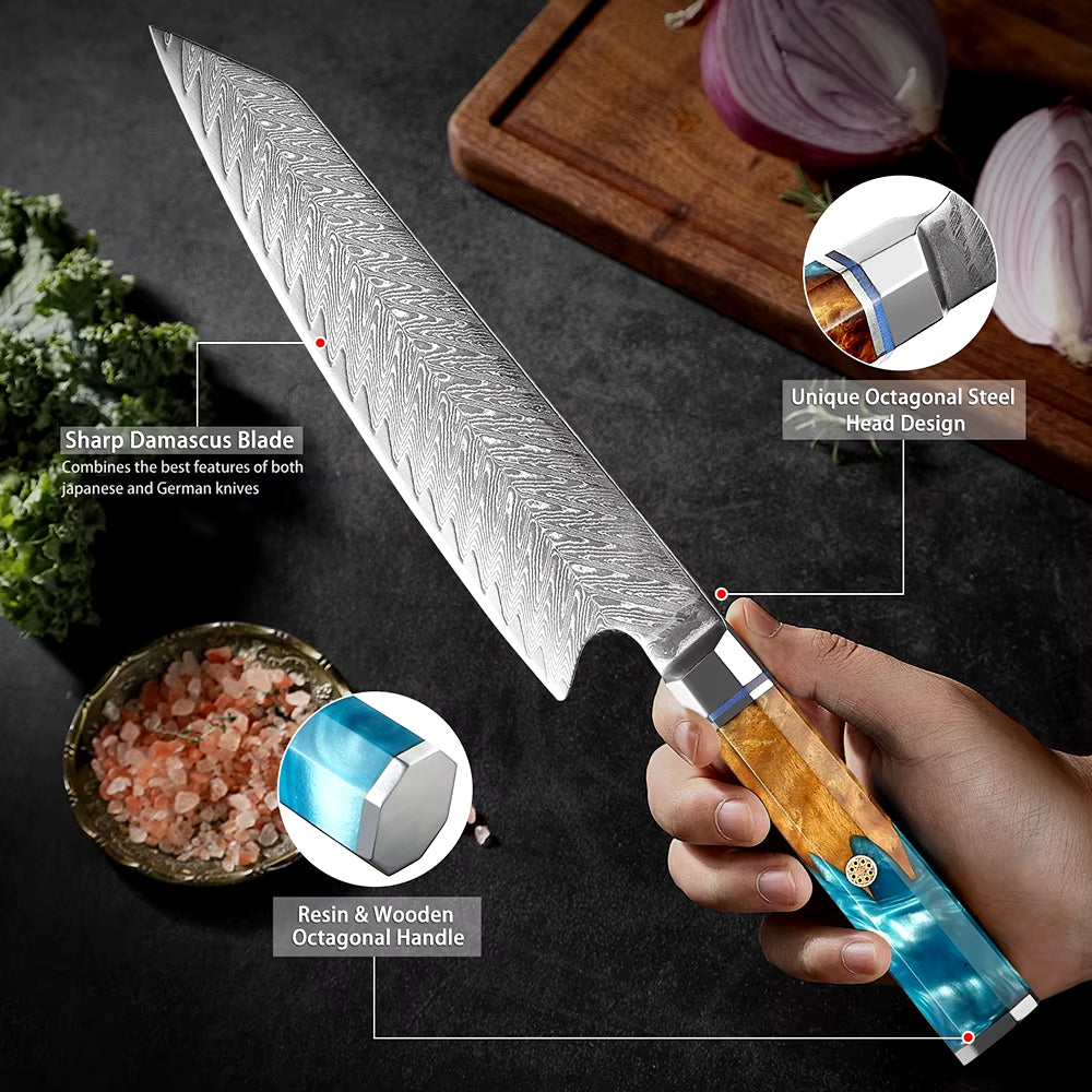 Damascus Steel Kiritsuke Chef's Knife with Blue Resin Handle