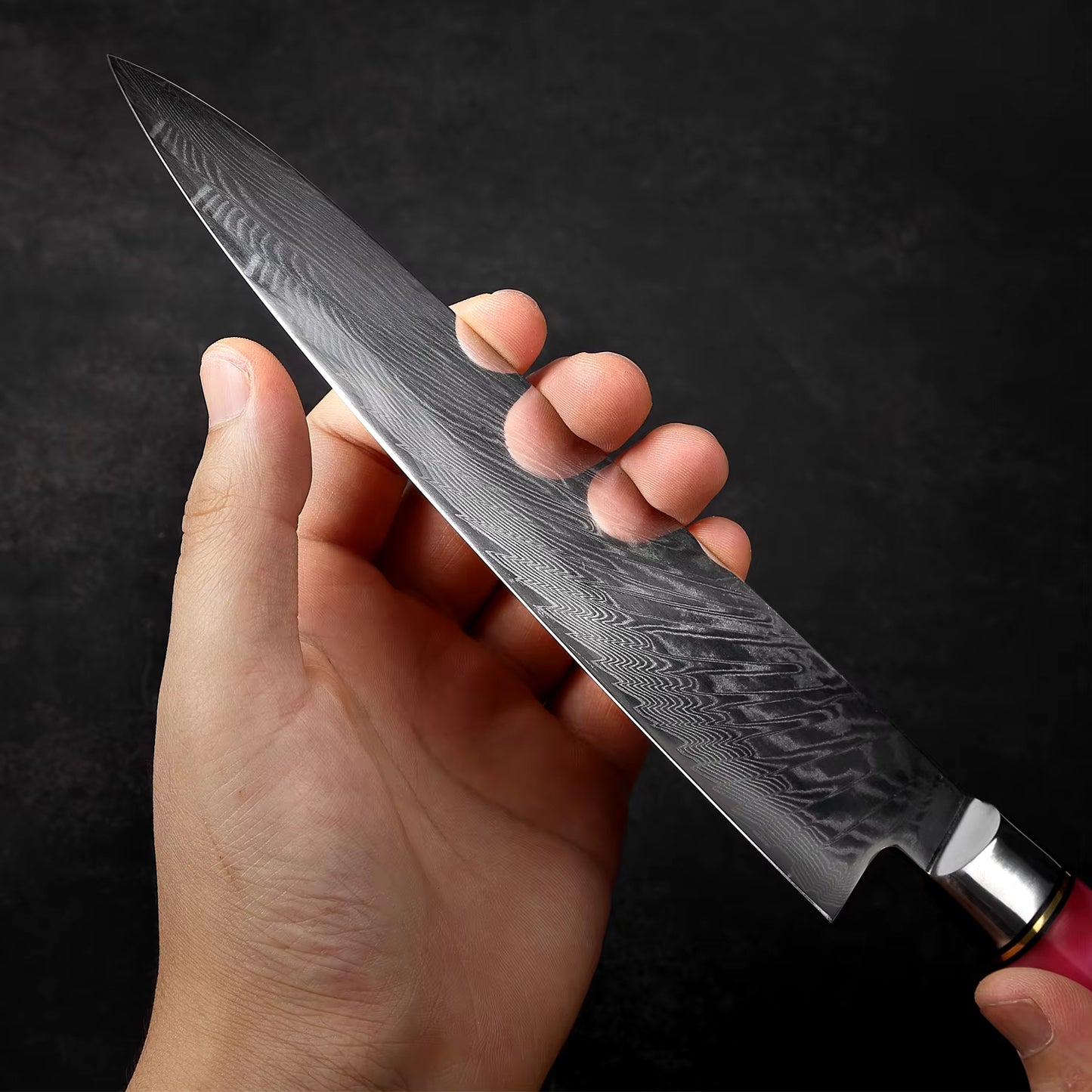 Damascus Japanese Chef Knife - Pink Resin Wood Handle