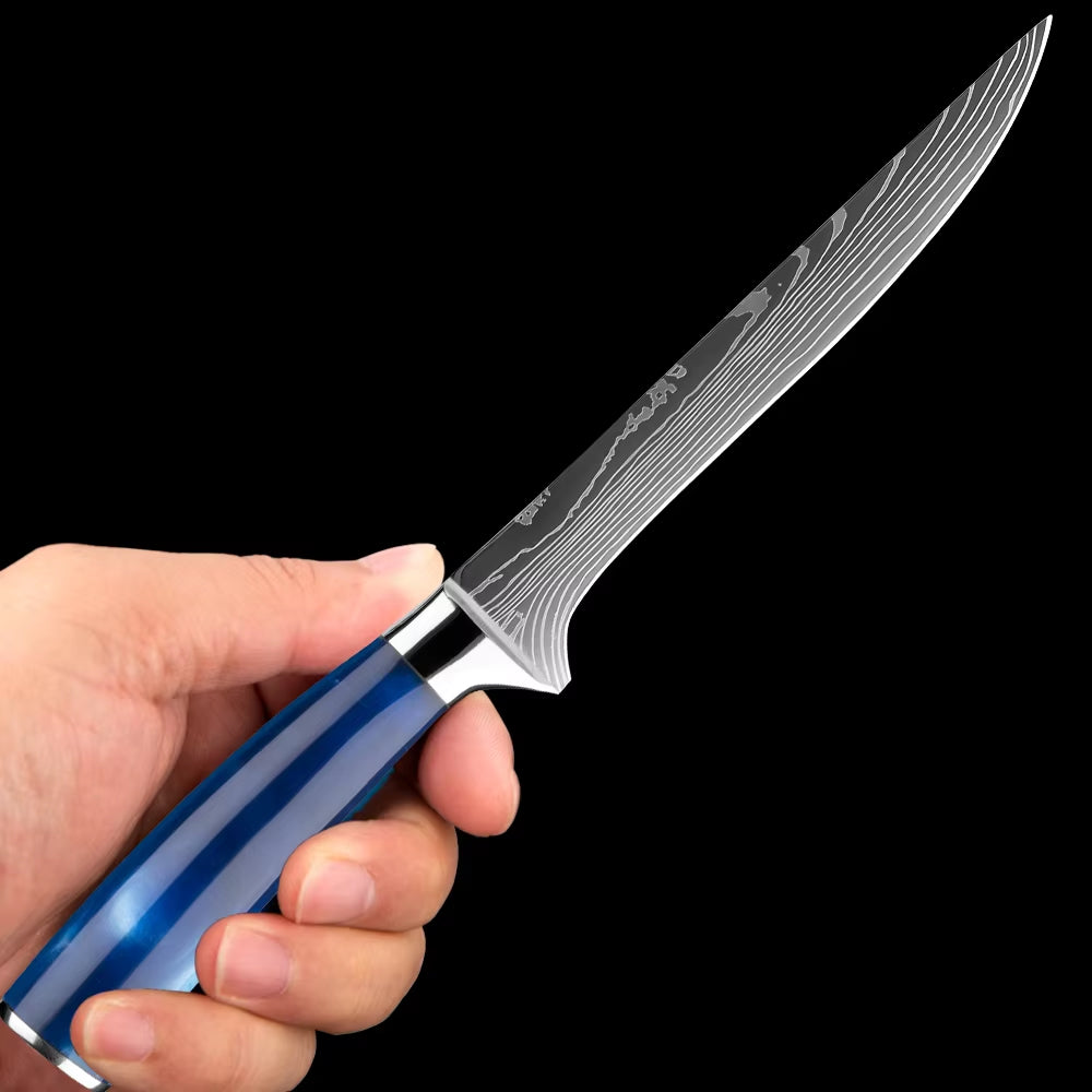Japanese Kitchen Knife Set with Blue Resin Handle