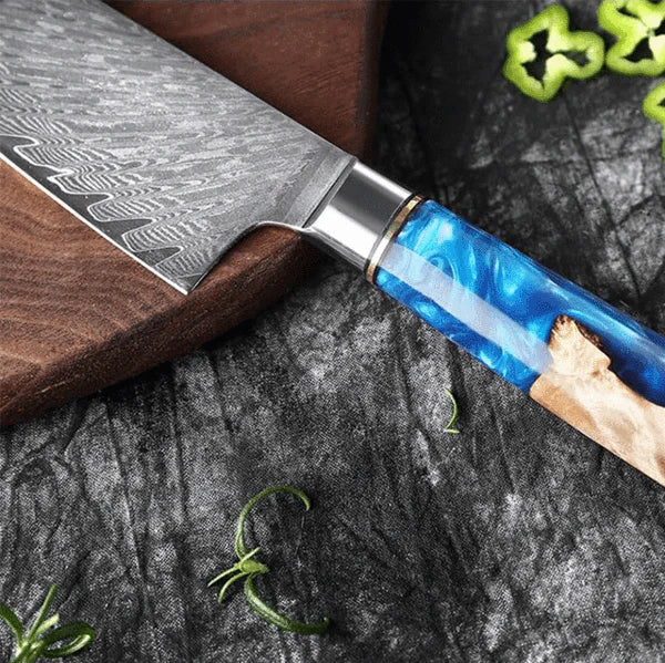 Gyuto Damascus Japanese Chef Knife - Blue Resin Wood Handle