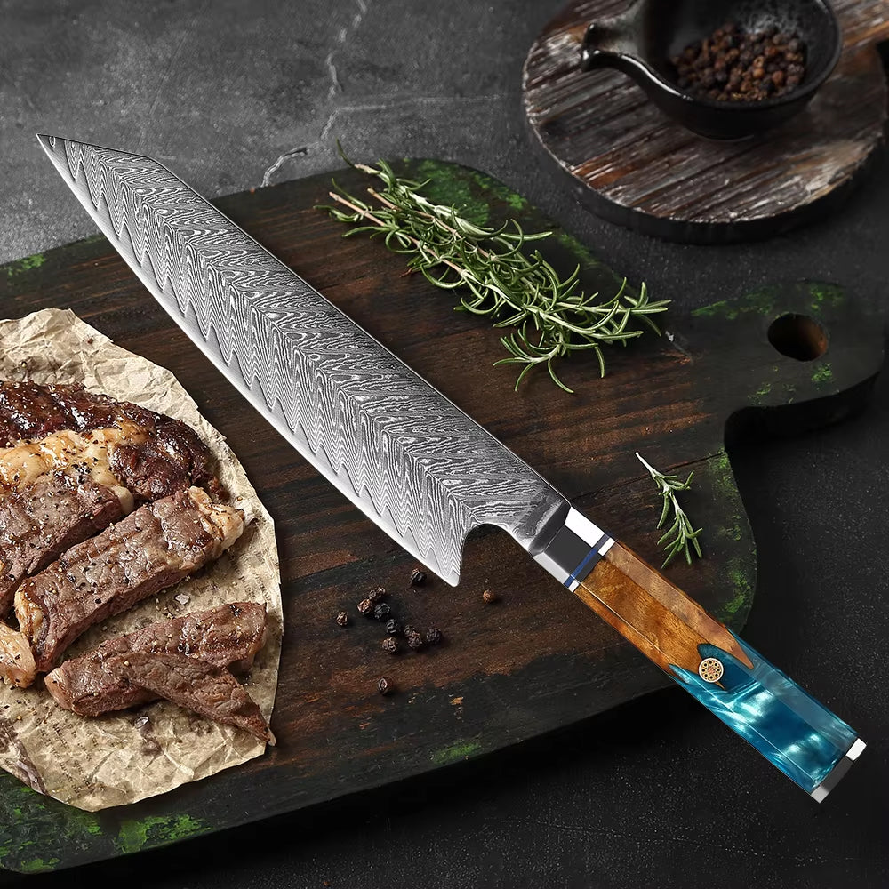 Damascus Steel Kiritsuke Chef's Knife with Blue Resin Handle