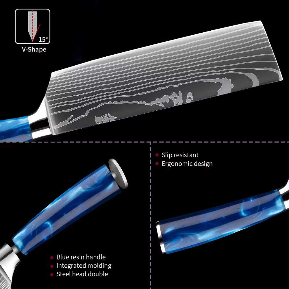Japanese Kitchen Knife Set with Blue Resin Handle