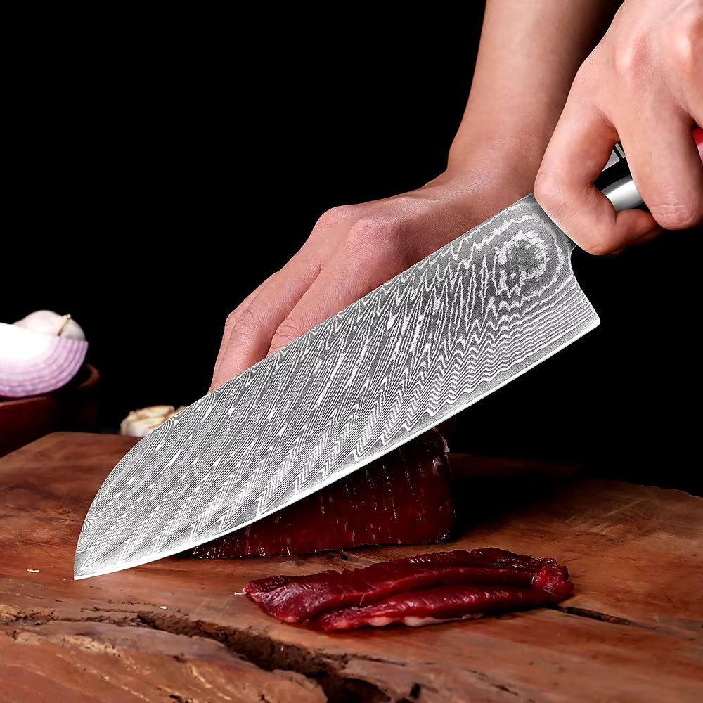 Damascus Steel Santoku Knife with Red Resin handle
